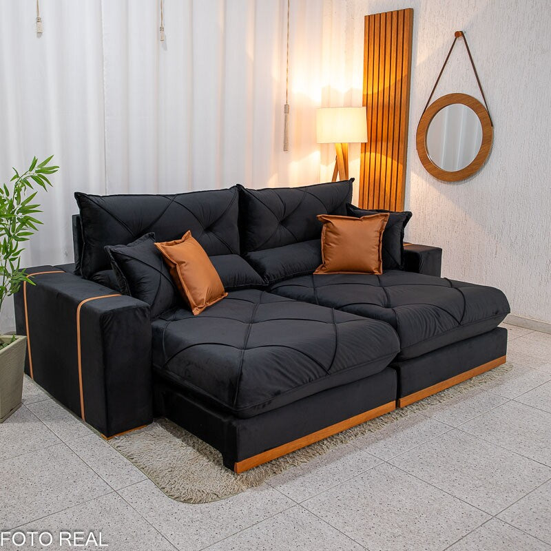 Sofá Retrátil Reclinável Gran Bello 2,30m Veludo Preto — Molas Ensacadas Pocket