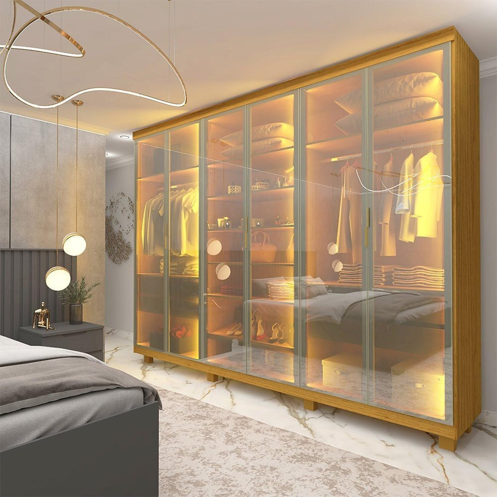 GUARDA ROUPA IMPERATRIZ 2,30 - 100% MDF 6 PORTAS REFLECTA e LED – GELIUS - NATURALE