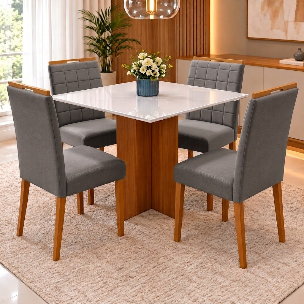 Conjunto Mesa Los Angeles 90 × 90 cm com 4 Cadeiras Las Vegas/Safira — Cinamomo/Off White e Cinza