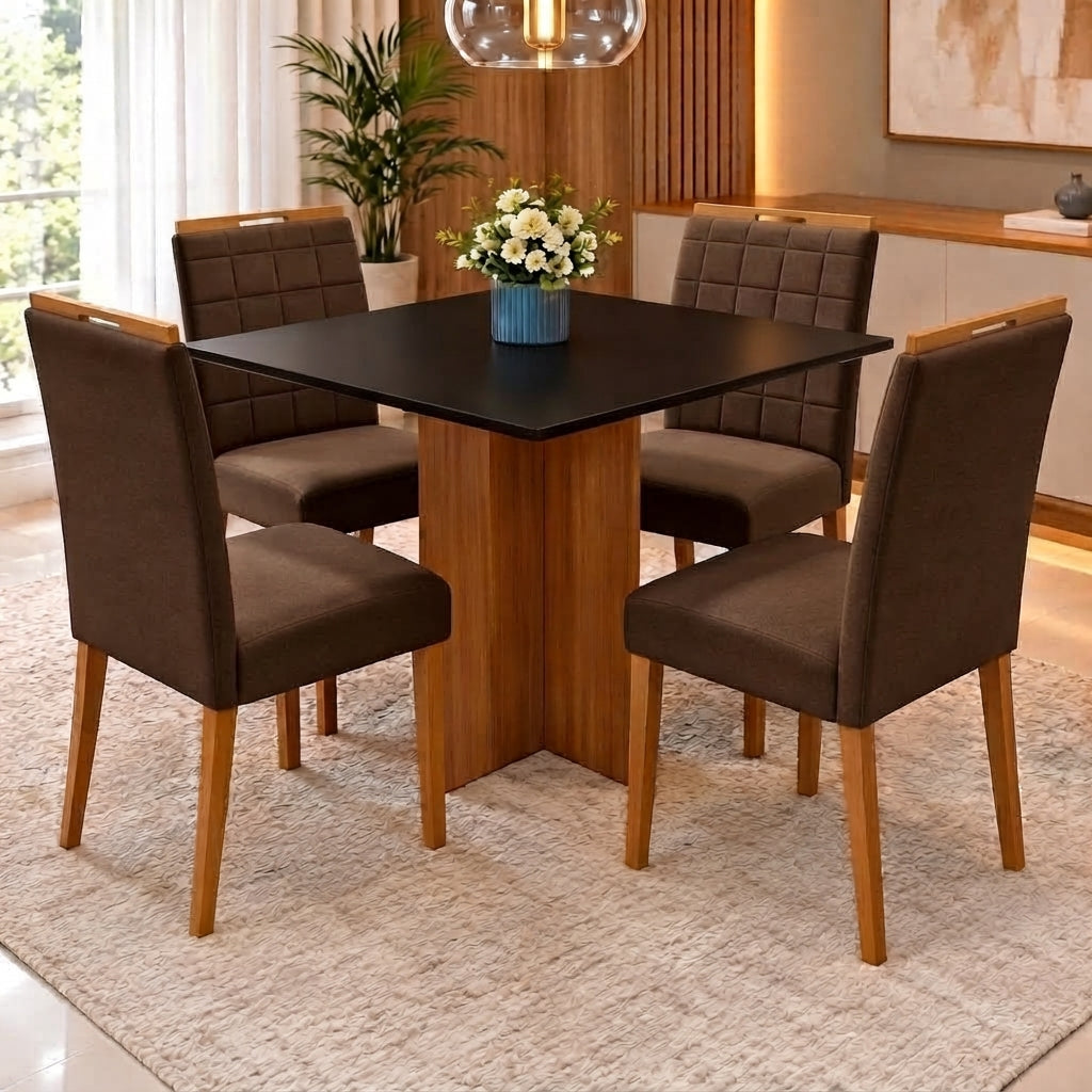 Conjunto Mesa Los Angeles 90 × 90 cm com 4 Cadeiras Las Vegas/Safira — Cinamomo/Preto e Marrom