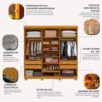 GUARDA ROUPA IMPERATRIZ 2,30 - 100% MDF 6 PORTAS REFLECTA e LED – GELIUS - NATURALE