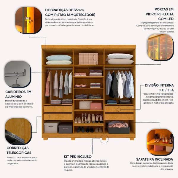 GUARDA ROUPA IMPERATRIZ 2,30 - 100% MDF 6 PORTAS REFLECTA e LED – GELIUS - NATURALE