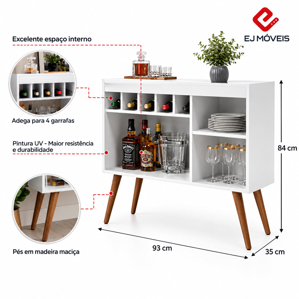 Ficha visual EJ Móveis do Aparador Adega New Odin Branco: quatro divisórias para garrafas, pés de madeira e medidas de 93 cm de largura, 84 cm de altura e 35 cm de profundidade.