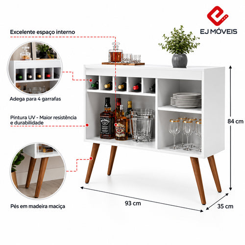 Ficha visual EJ Móveis do Aparador Adega New Odin Branco: quatro divisórias para garrafas, pés de madeira e medidas de 93 cm de largura, 84 cm de altura e 35 cm de profundidade.