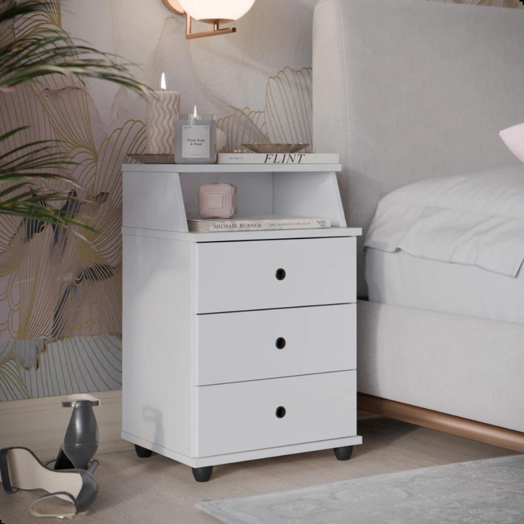 ️ Mesa de Cabeceira Luxo 3 Gavetas - Branco