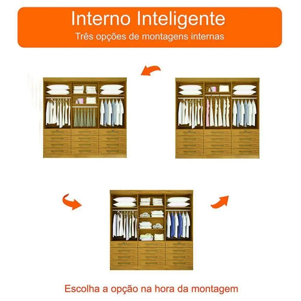 Opções de organização interna do guarda-roupa Mônaco casal com doze gavetas
