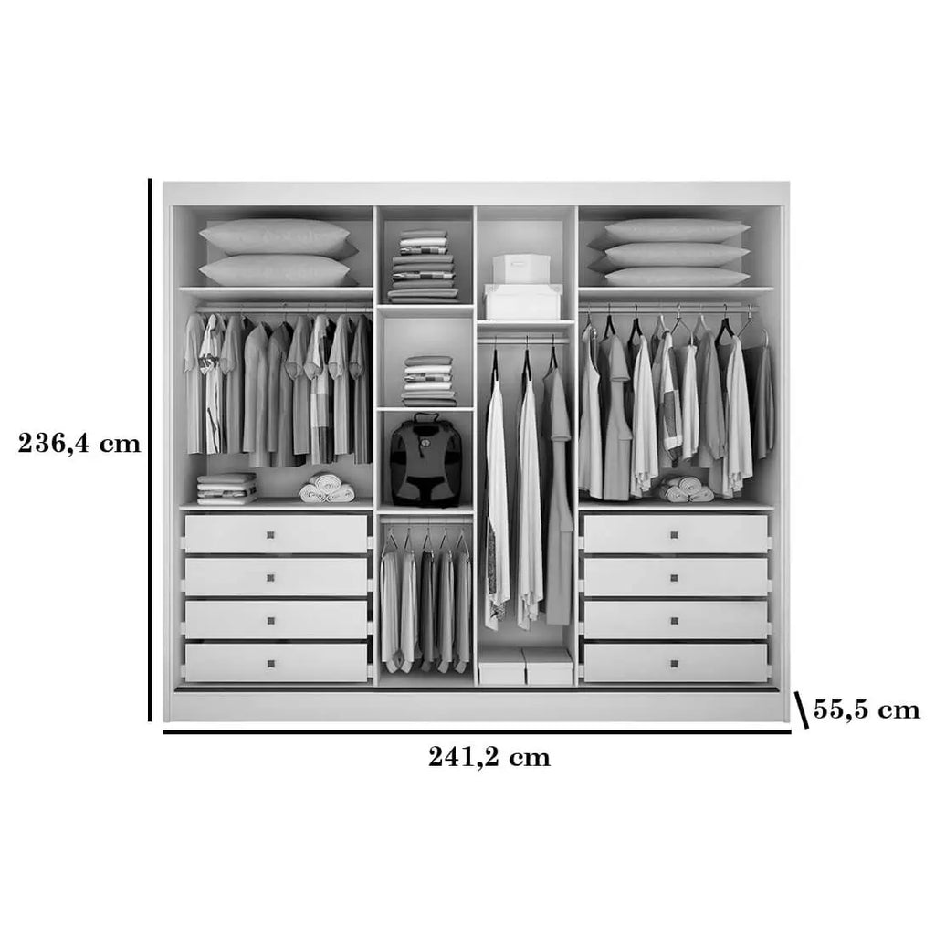 Esquema técnico do interior com oito gavetas e medidas do guarda-roupa Diamond