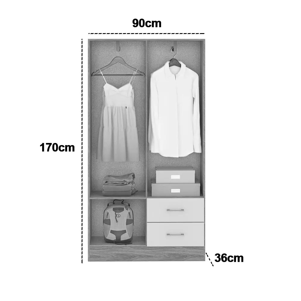 Esquema técnico do interior e medidas do guarda-roupa Panamá Fellicci