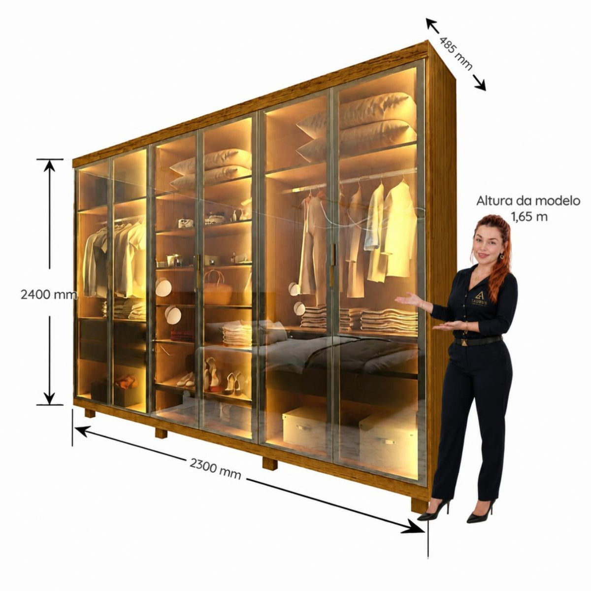 GUARDA ROUPA IMPERATRIZ 2,30 - 100% MDF 6 PORTAS REFLECTA e LED – GELIUS - NATURALE