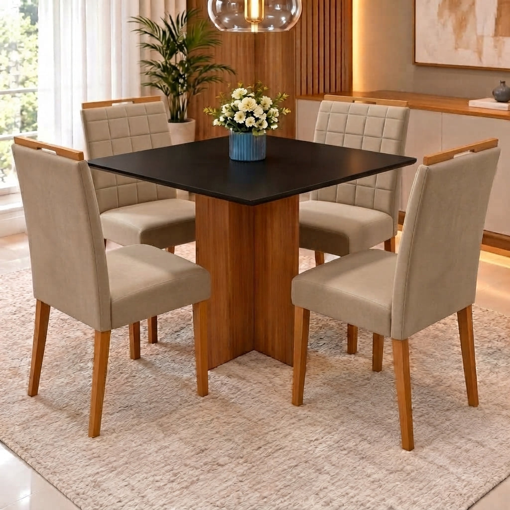 Conjunto Mesa Los Angeles 90 × 90 cm com 4 Cadeiras Las Vegas/Safira — Cinamomo/Preto e Bege