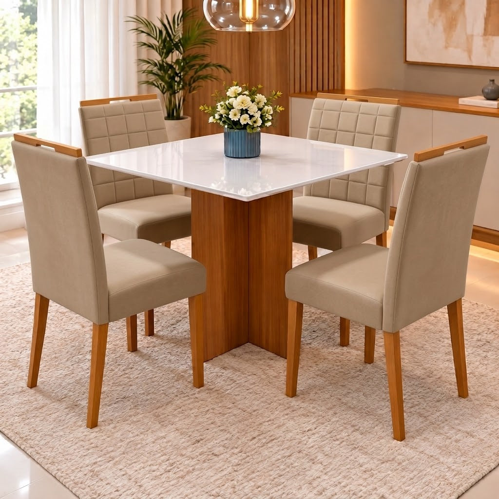 Conjunto Mesa Los Angeles 90 × 90 cm com 4 Cadeiras Las Vegas/Safira — Cinamomo/Off White e Bege