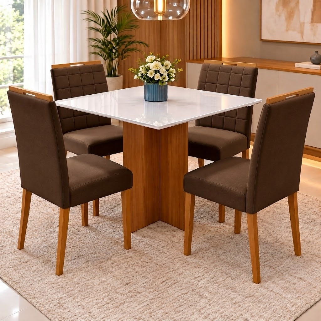 Conjunto Mesa Los Angeles 90 × 90 cm com 4 Cadeiras Las Vegas/Safira — Cinamomo/Off White e Marrom