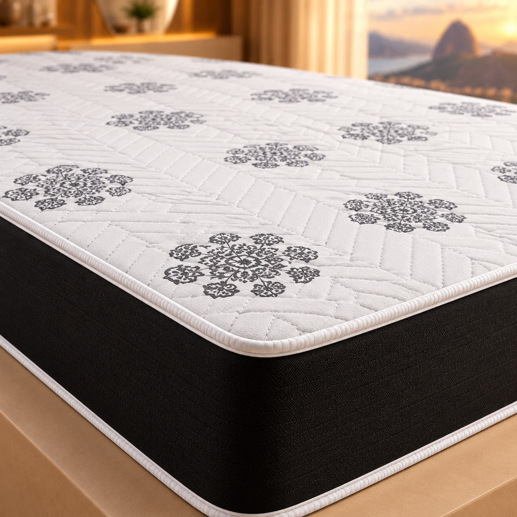 Colchão Casal D28 138 × 188 × 18 cm — detalhe do matelassê, estampa e acabamento lateral