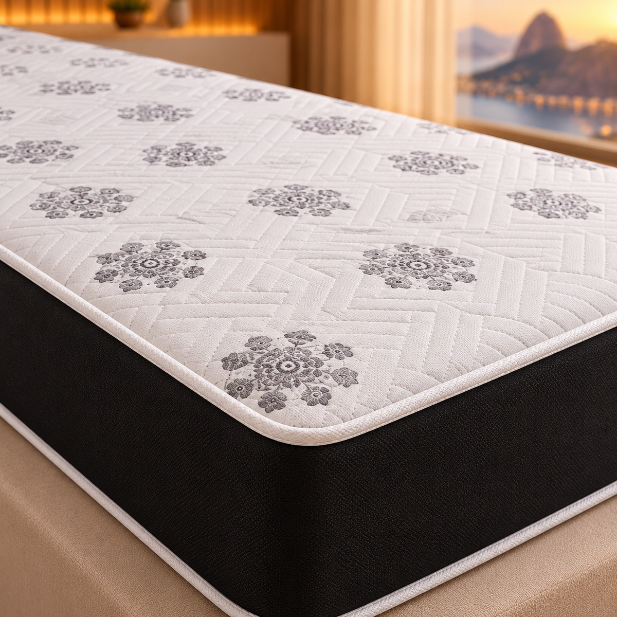Colchão Solteiro D28 88 × 188 × 14 cm — detalhe do matelassê, estampa e acabamento lateral