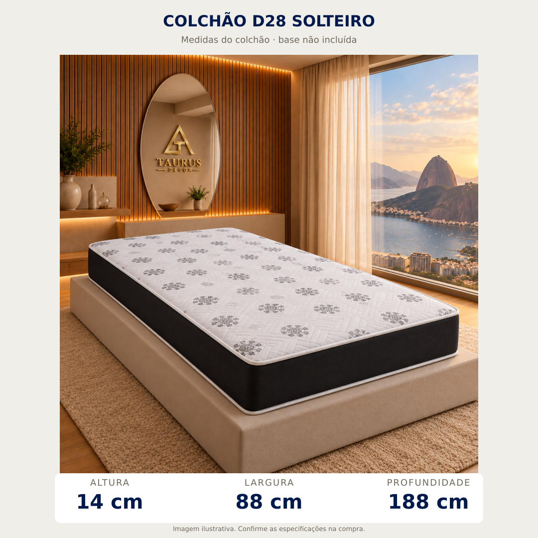 Colchão Solteiro D28 88 × 188 × 14 cm — medidas: altura, largura e profundidade