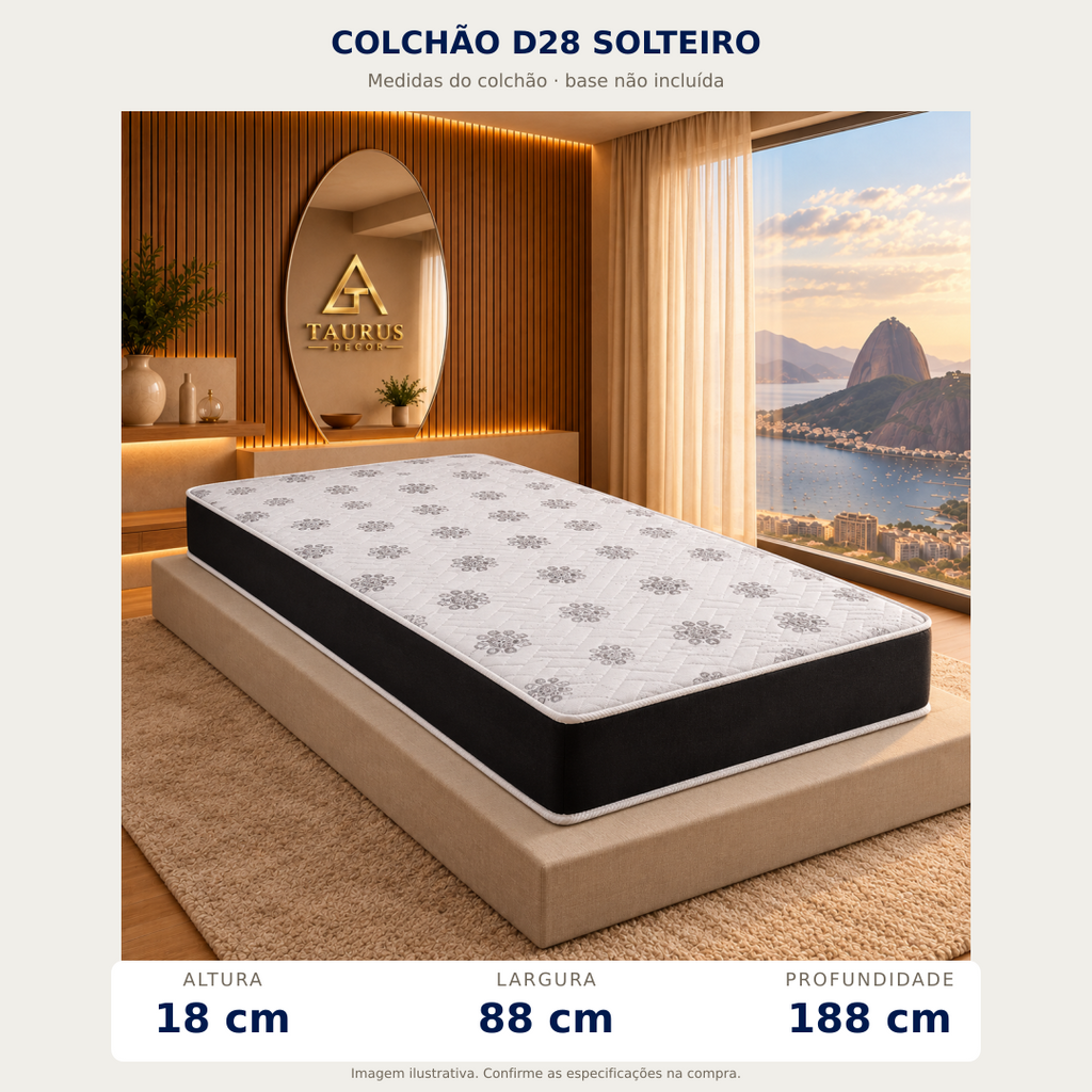 Colchão Solteiro D28 88 × 188 × 18 cm — medidas: altura, largura e profundidade