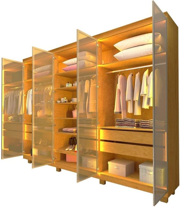 GUARDA ROUPA IMPERATRIZ 2,30 - 100% MDF 6 PORTAS REFLECTA e LED – GELIUS - NATURALE