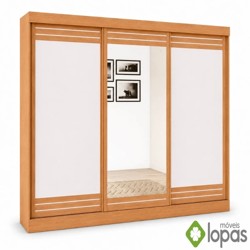 Guarda Roupa Nice Amendoa Clean Off White C Espelho 3 Portas 4 Gavetas Flex Larg 2 70M