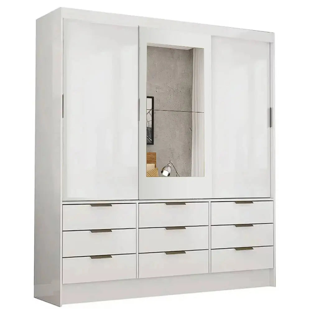 Guarda-roupa Sevilha Casal 3 Portas 9 Gavetas com espelho – Branco