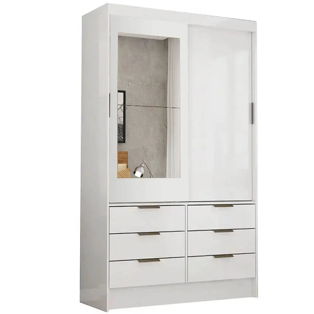 Guarda-roupa Sevilha Solteiro 2 Portas 6 Gavetas com espelho – Branco
