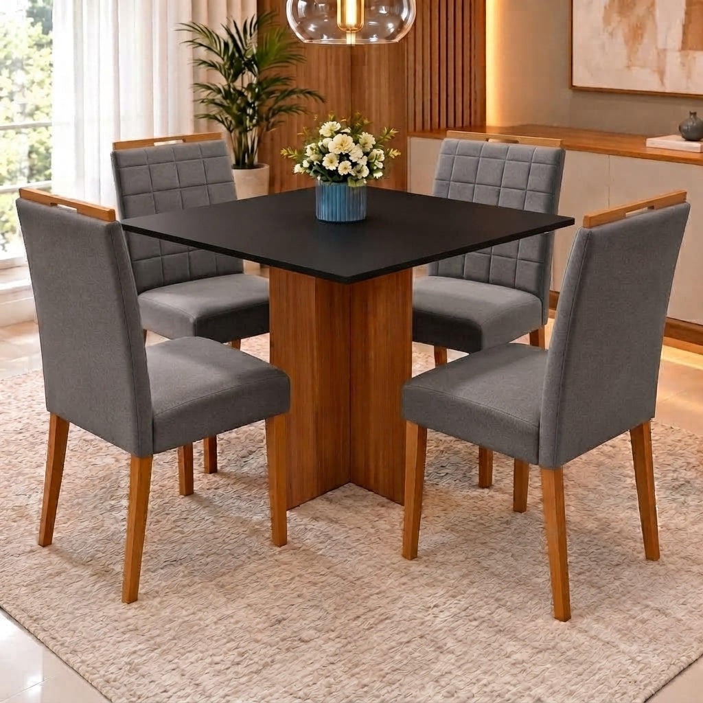Conjunto Mesa Los Angeles 90 × 90 cm com 4 Cadeiras Las Vegas/Safira — Cinamomo/Preto e Cinza