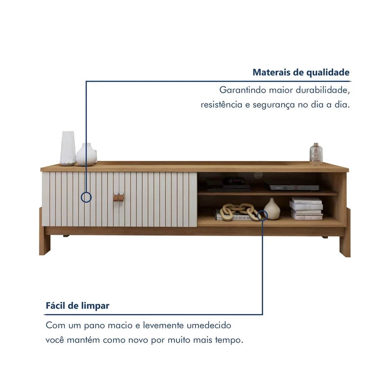 Rack Bancada Ouro Preto Larg 1 64M Cinamomo Off C Detalhe Frisado Para Tv Ate 65