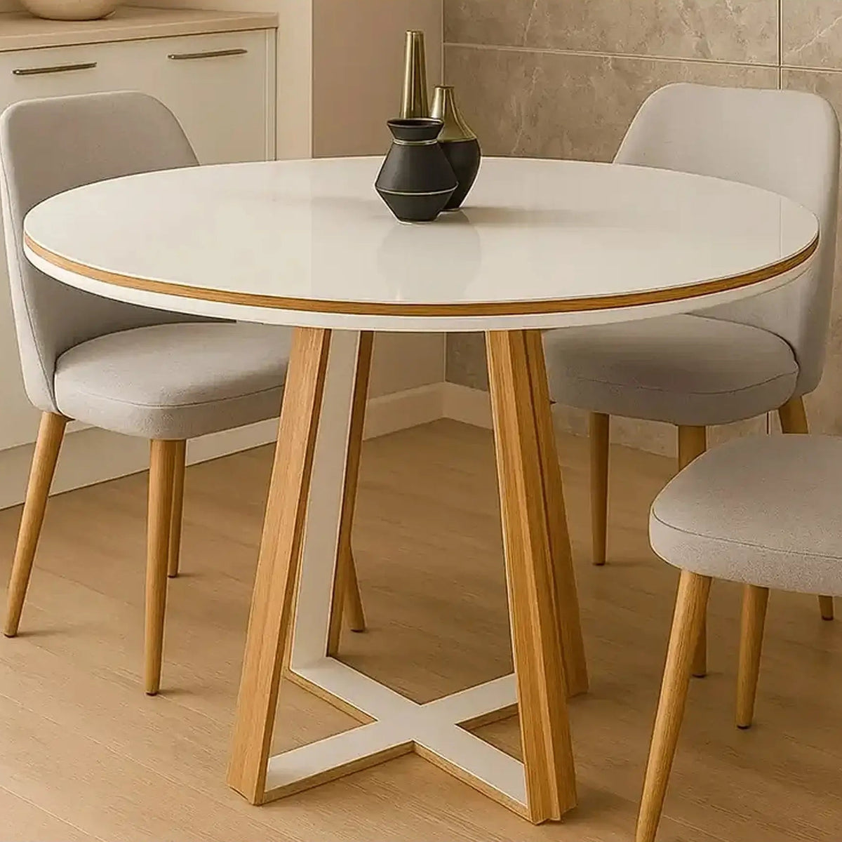 Mesa de Jantar Atlanta Redonda 1,20m com vidro - Cinamomo/Off White - Minas Plac