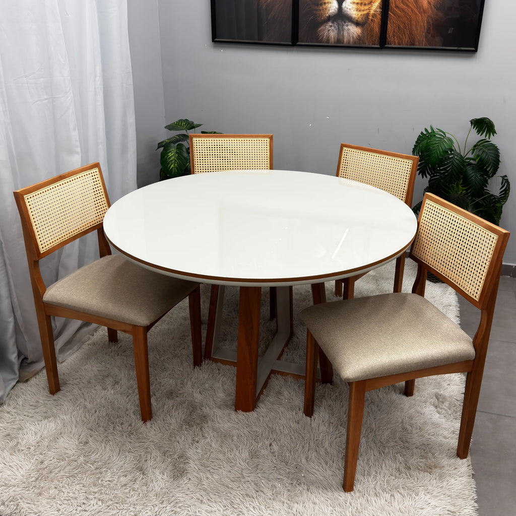 Conjunto mesa de Jantar Atlanta 1,00m Redonda com Vidro + 4 Cadeiras em Linho - Minas Plac