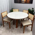 Conjunto mesa de Jantar Atlanta 1,00m Redonda com Vidro + 4 Cadeiras em Linho - Minas Plac