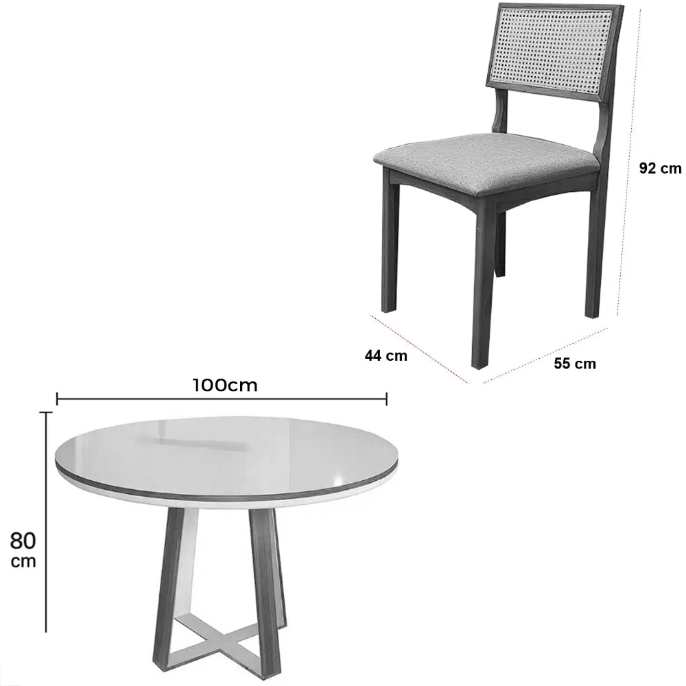 Conjunto mesa de Jantar Atlanta 1,00m Redonda com Vidro + 4 Cadeiras em Linho - Minas Plac