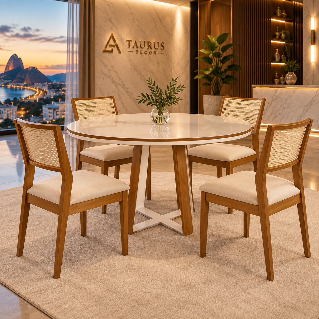 Conjunto mesa de Jantar Atlanta 1,00m Redonda com Vidro + 4 Cadeiras em Linho - Minas Plac