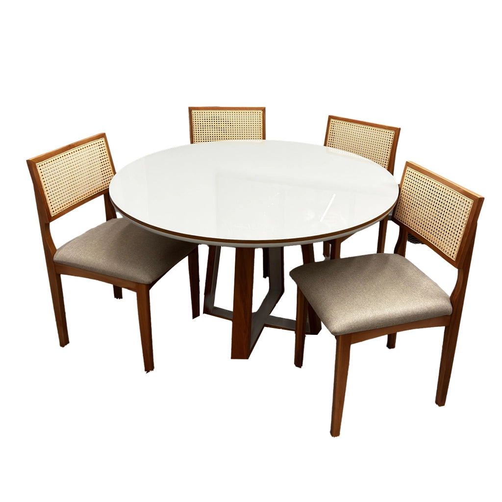 Conjunto mesa de Jantar Atlanta 1,00m Redonda com Vidro + 4 Cadeiras em Linho - Minas Plac