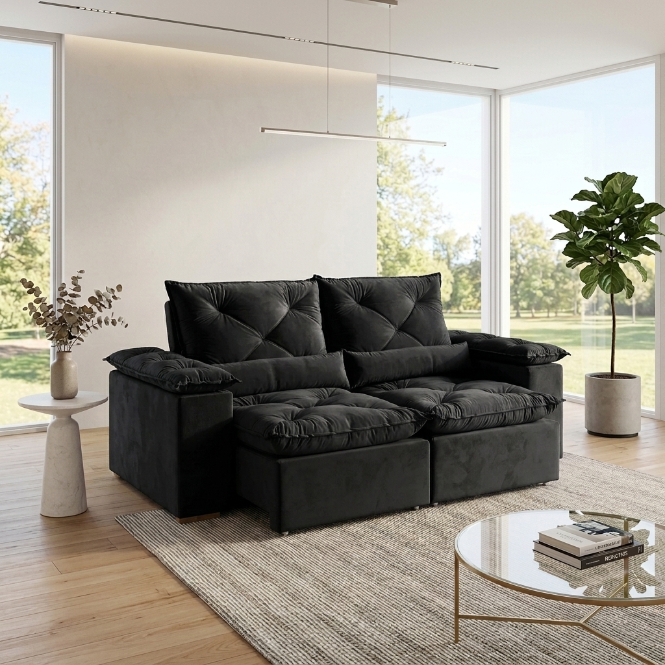 Sofá Retrátil e Reclinável Grécia 1,95 m Suede Preto