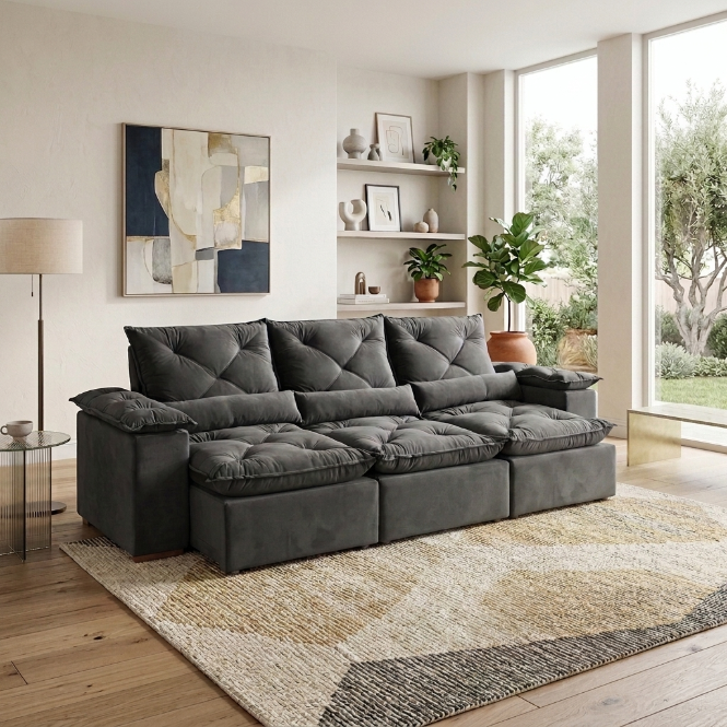 Sofá Retrátil e Reclinável Grécia 2,70 m Suede Cinza