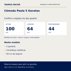 Cômoda Paola 5 Gavetas: altura 100 cm, largura 64 cm e profundidade 44 cm; 5 gavetas, Corrediças metálicas, 64 cm de largura.