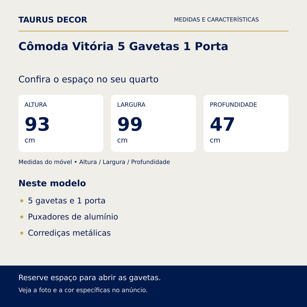 Cômoda Vitória 5 Gavetas 1 Porta: altura 93 cm, largura 99 cm e profundidade 47 cm; 5 gavetas e 1 porta, Puxadores de alumínio, Corrediças metálicas.
