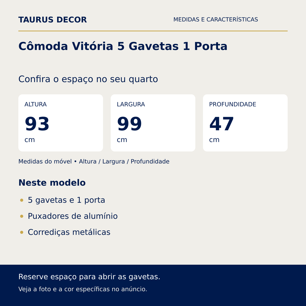 Cômoda Vitória 5 Gavetas 1 Porta: altura 93 cm, largura 99 cm e profundidade 47 cm; 5 gavetas e 1 porta, Puxadores de alumínio, Corrediças metálicas.