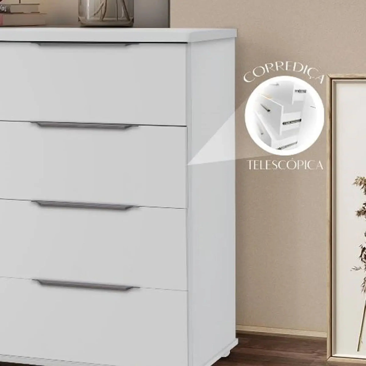 Cômoda Athenas 8 Gavetas com Rodízios Rud Rack — Branco — Detalhe da corrediça telescópica. Objetos decorativos não inclusos.