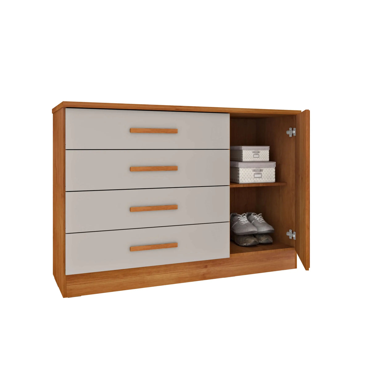 Cômoda Barcelona Ripado 4 Gavetas 1 Porta Tcil — Cinamomo Off White — Vista do compartimento interno. Objetos decorativos não inclusos.