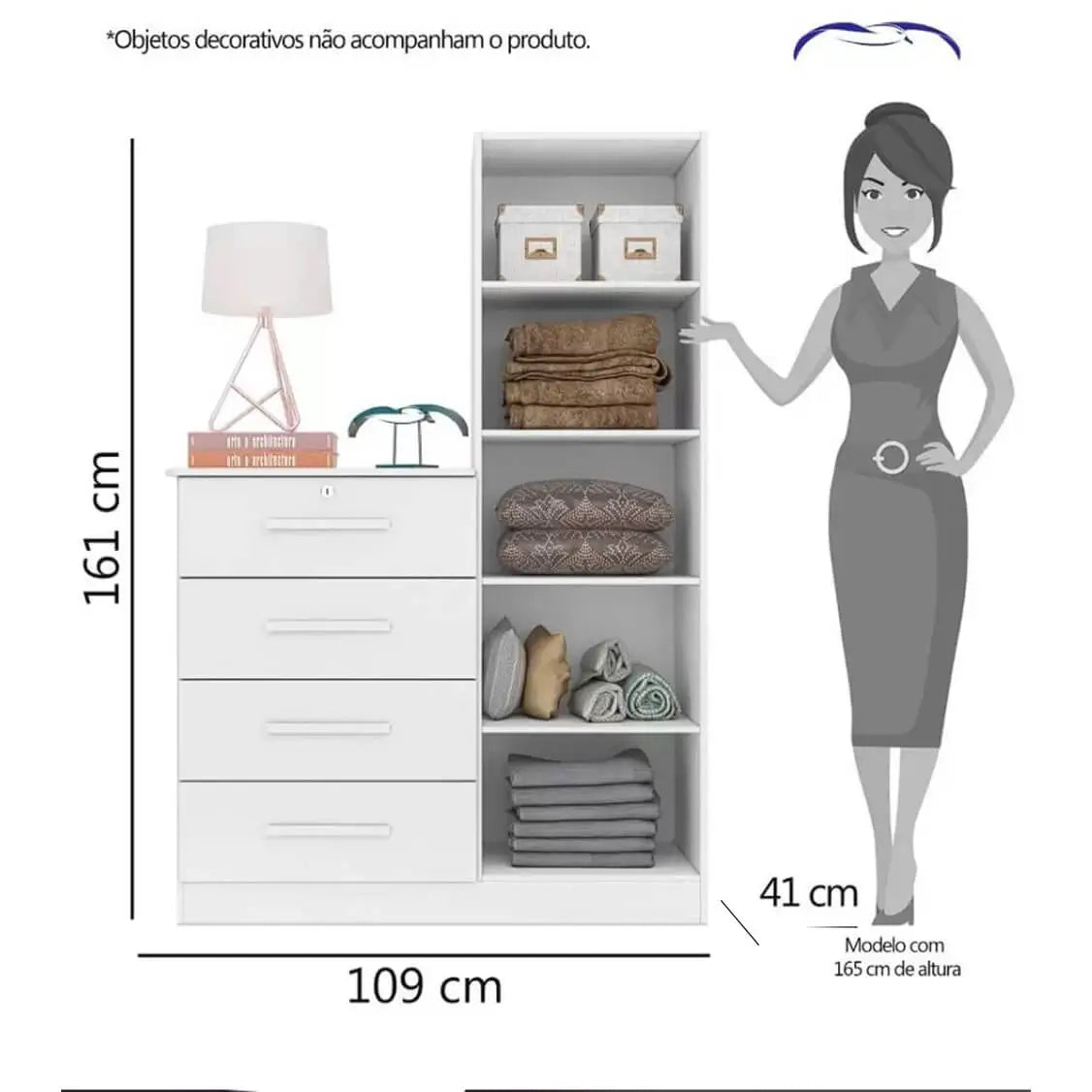 Cômoda Belize 4 Gavetas 1 Porta com Espelho Albatroz — imagem técnica original com as medidas do móvel.