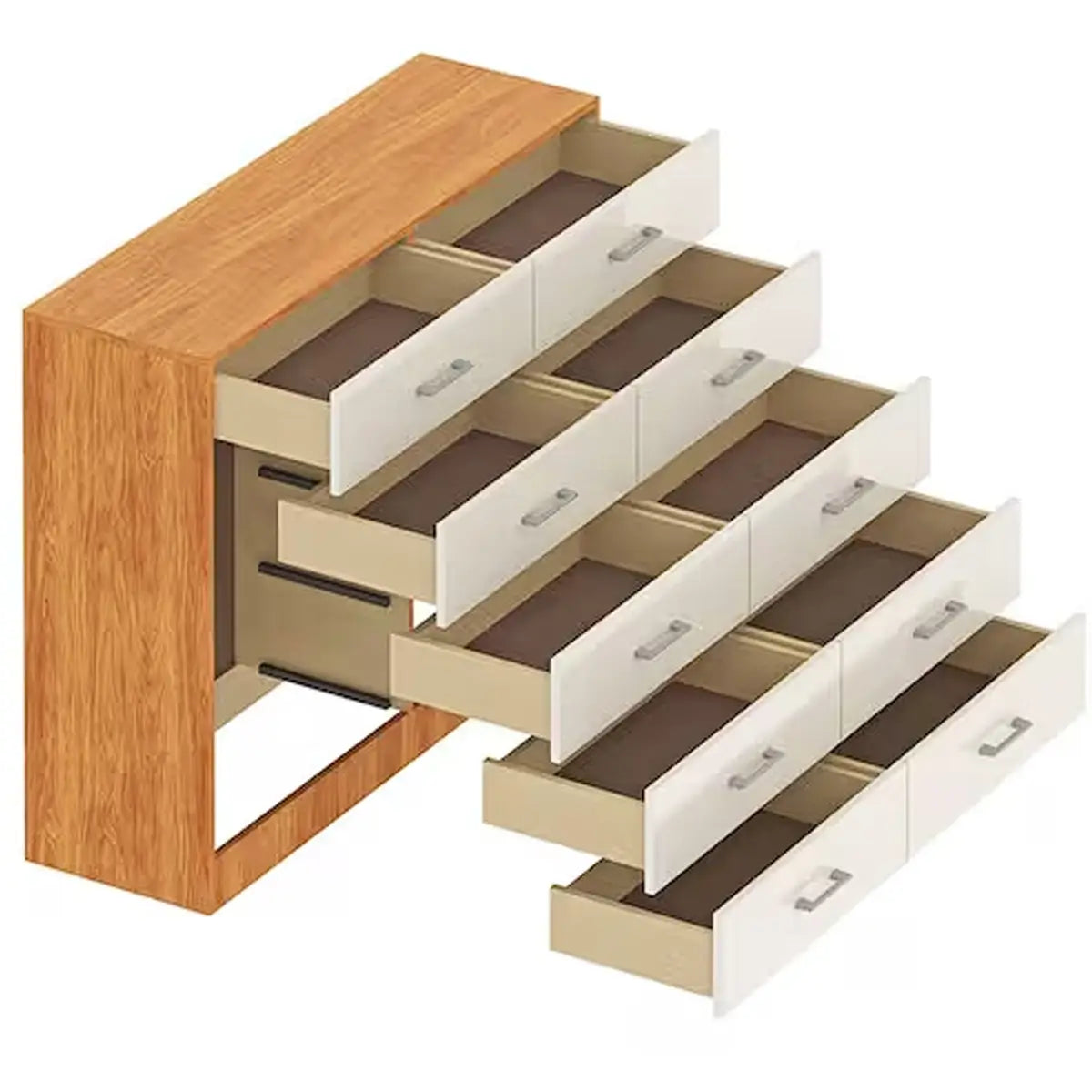 Cômoda Caribe 10 Gavetas Fellicci — Cinamomo Off White — Gavetas abertas e divisão interna. Objetos decorativos não inclusos.