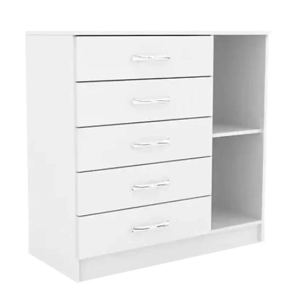 Cômoda Zurique 5 Gavetas com Sapateira Evidência — Branco — Vista do compartimento interno. Objetos decorativos não inclusos.