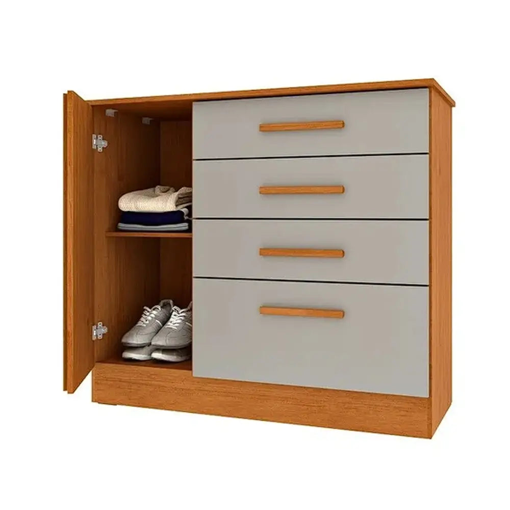 Cômoda Guarani Ripado 4 Gavetas 1 Porta Tcil — Cinamomo Off White — Vista do compartimento interno. Objetos decorativos não inclusos.