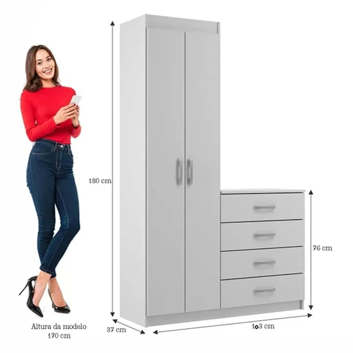 Cômoda Larissa 4 Gavetas 2 Portas Evidência — imagem técnica original com as medidas do móvel.