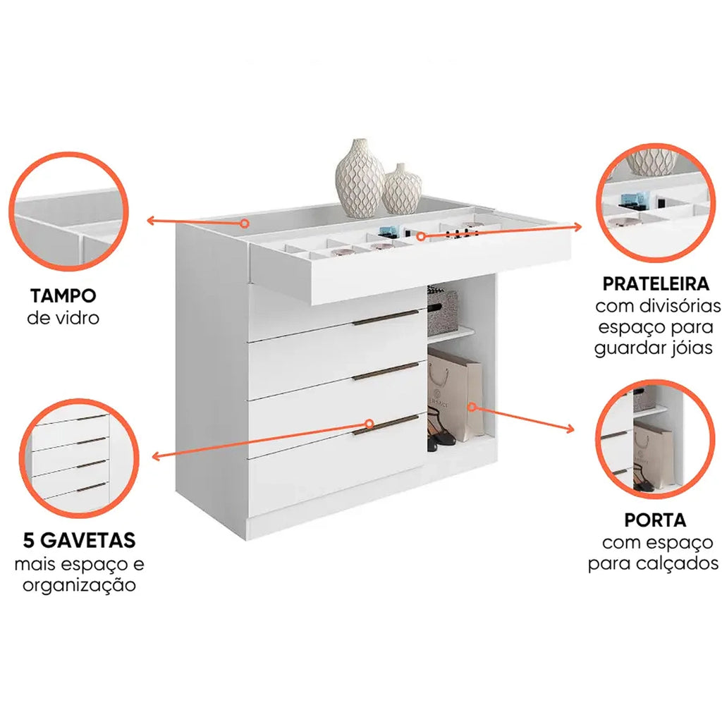 Cômoda ARV Sevilha Porta Joias 1 Porta 5 Gavetas Aramóveis — Branco — Tampo de vidro, porta-joias, gavetas e compartimento com porta. Objetos decorativos não inclusos.