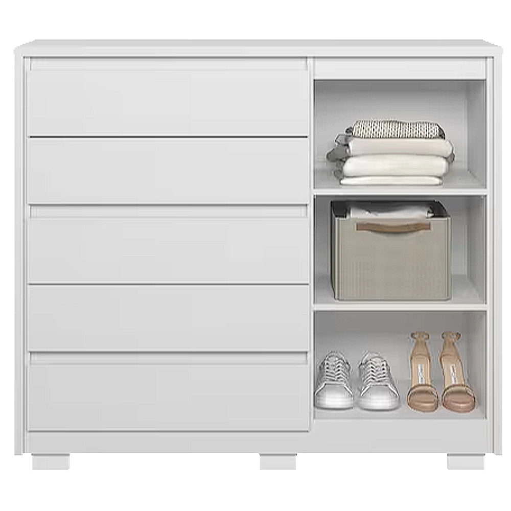 Cômoda Duetto Sapateira 5 Gavetas 1 Porta Albatroz — Branco — Vista do compartimento interno. Objetos decorativos não inclusos.