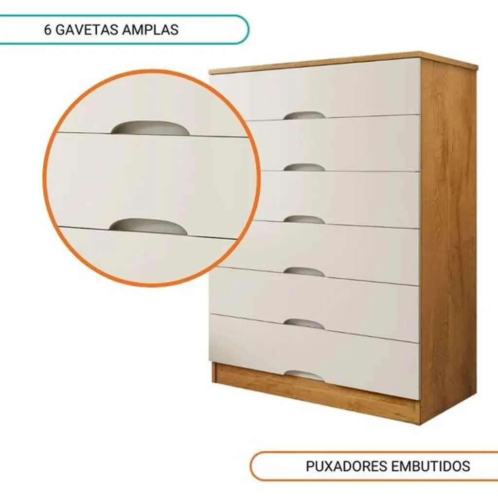 Cômoda Sevilha 6 Gavetas Europa — Peroba Off White — Detalhe das gavetas e dos puxadores embutidos. Objetos decorativos não inclusos.