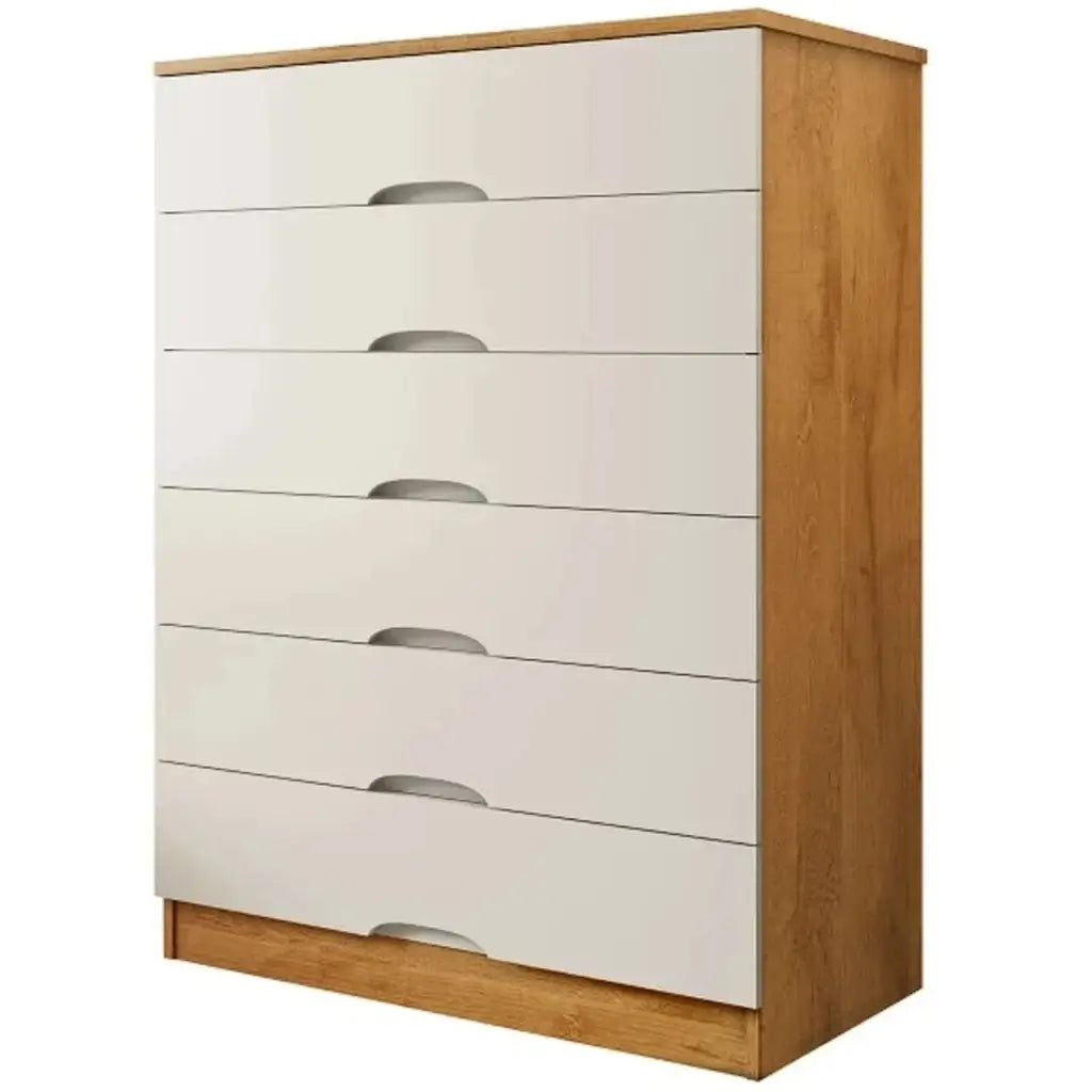 Cômoda Sevilha 6 Gavetas Europa — Peroba Off White — Vista adicional do produto. Objetos decorativos não inclusos.