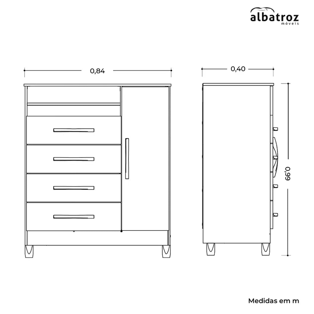 Cômoda Turquesa 1 Porta 4 Gavetas Albatroz — imagem técnica original com as medidas do móvel.