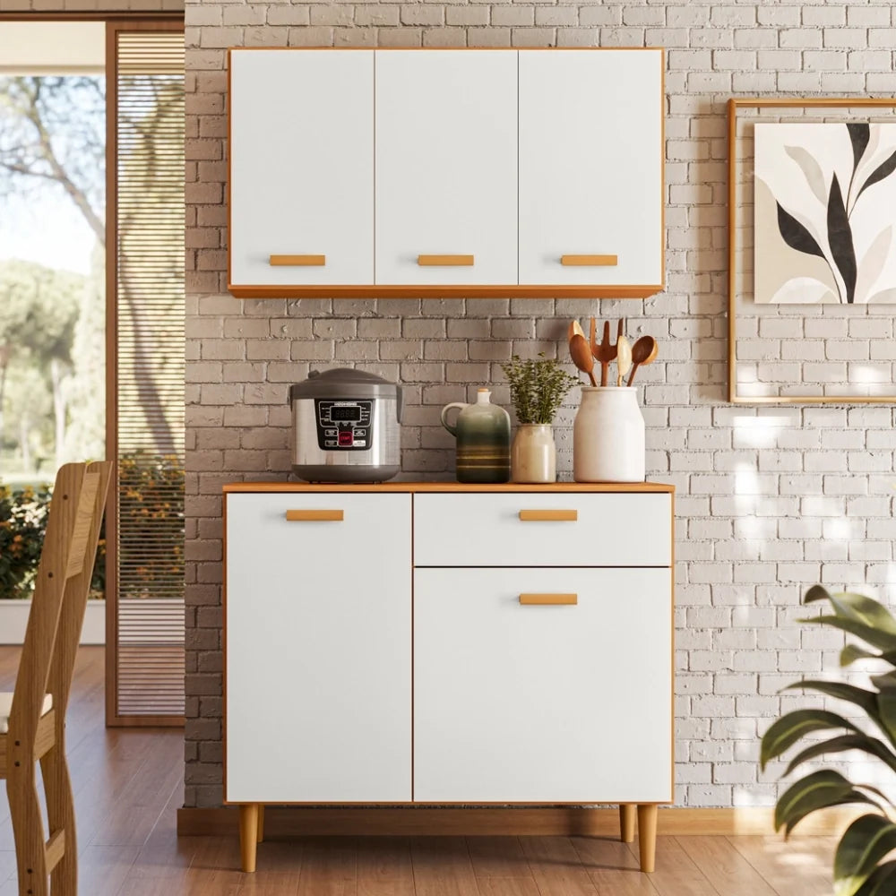 Armário de Cozinha Ester 91 cm 5 Portas 1 Gaveta Freijó UV/Off Acetinado – Poliman — detalhes do produto